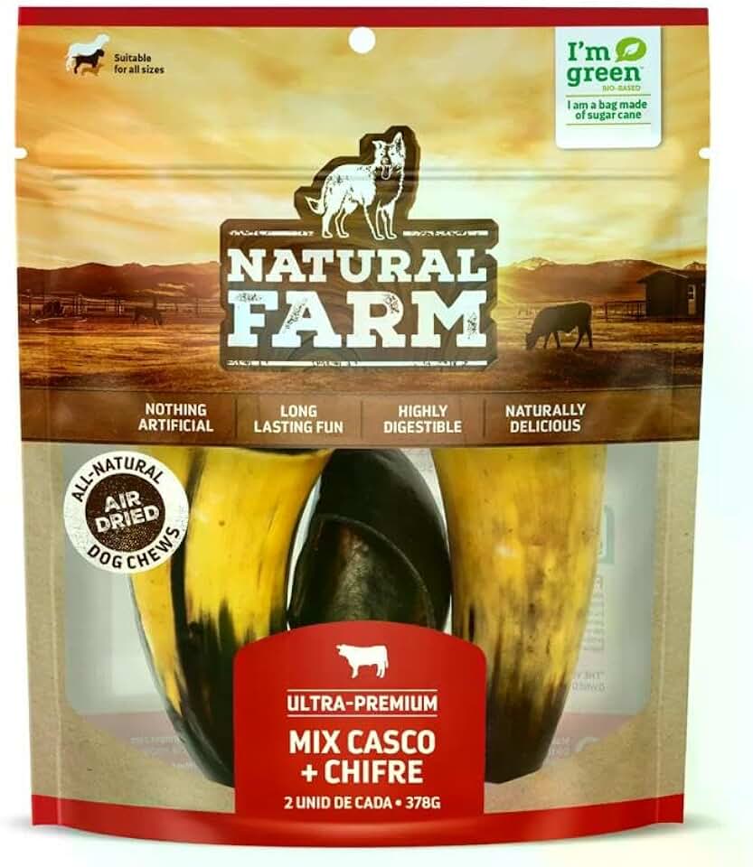 Kit 4 Unidades: 2 Cascos + 2 Chifres Natural Farm para Cães, Roer e Brincar, Livre de Conservantes, Entretenimento Duradouro