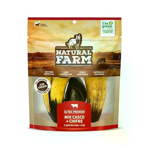 Kit 4 Unidades: 2 Cascos + 2 Chifres Natural Farm para Cães, Roer e Brincar, Livre de Conservantes, Entretenimento Duradouro