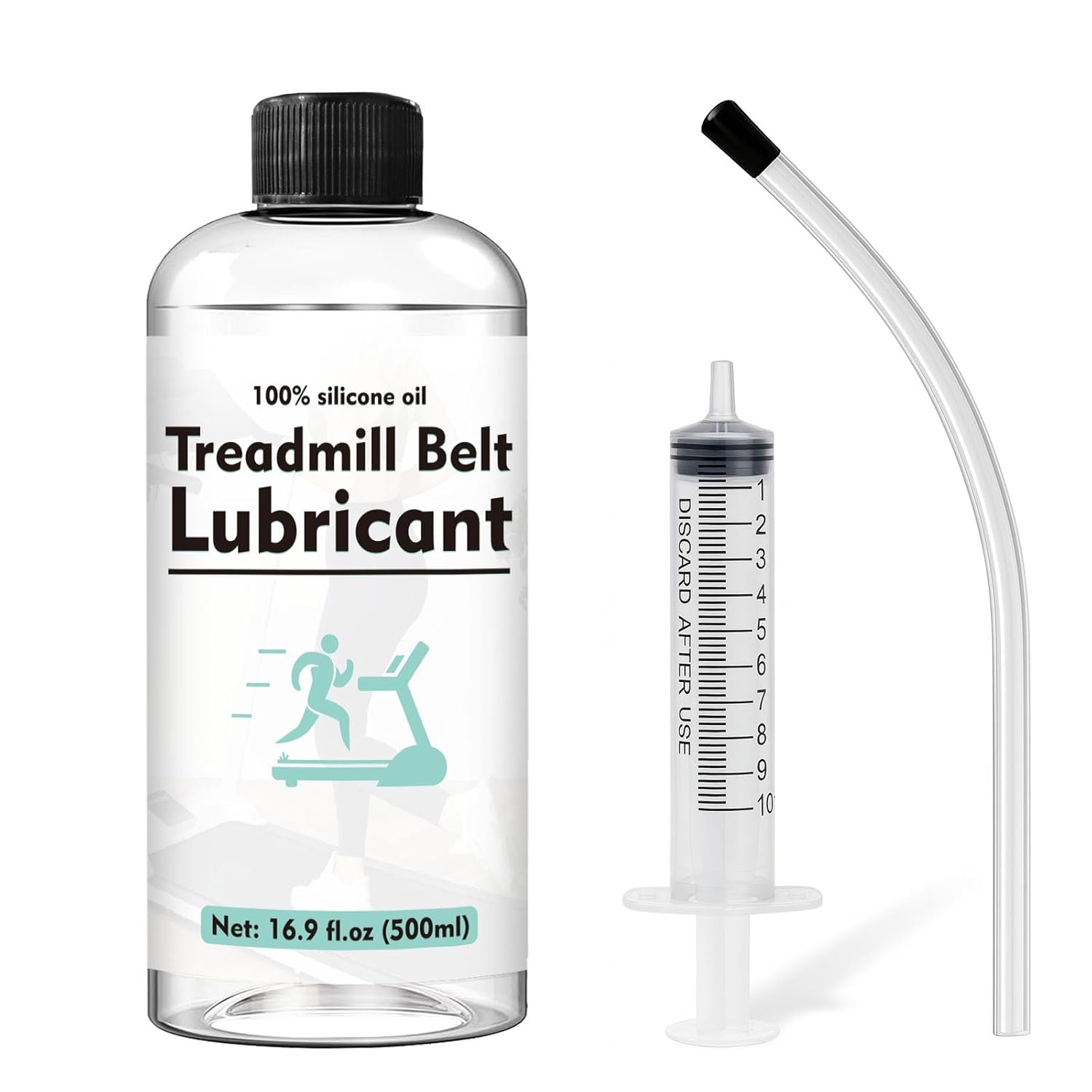 Treadmill Lubricant for Belt 500ml (17oz), 1000cs 100% Silicone Oil with 7.8" Reach Tube & 10ml Syringe, Walking Pad Oil Reduces Friction & Noise, Fits All Treadmill Brands
