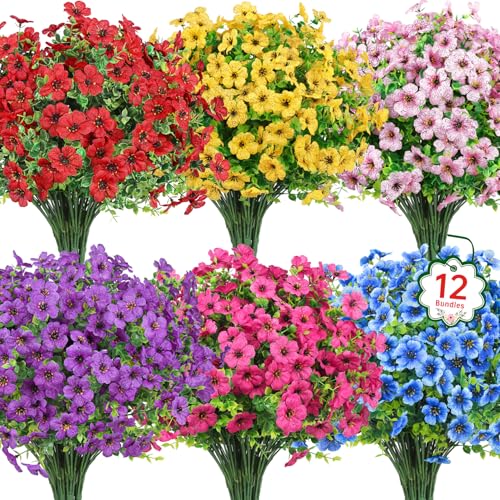 Ouddy Decor 12 Bundles Artificial Flowers for Outdoors Fake Silk Flowers UV Resistant Faux Plastic...