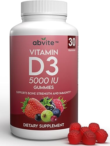 Vitamina D3 extra fuerte 5000 UI (125 mcg) Suplemento dietético Gominas. Apto para veganos, sin gluten y sin sabores artificiales. Apoya la fuerza