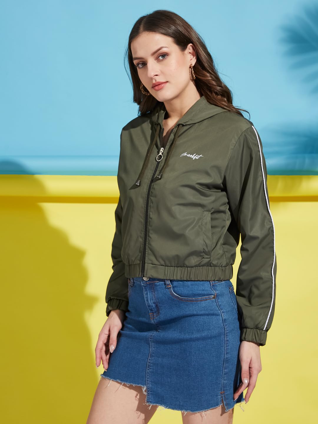SneekFit Women's Crop Windcheater Jacket - Waterproof, Windproof and Stylish For All Weather Season (IN, Alpha, L, Regular, OLIVE) 4
