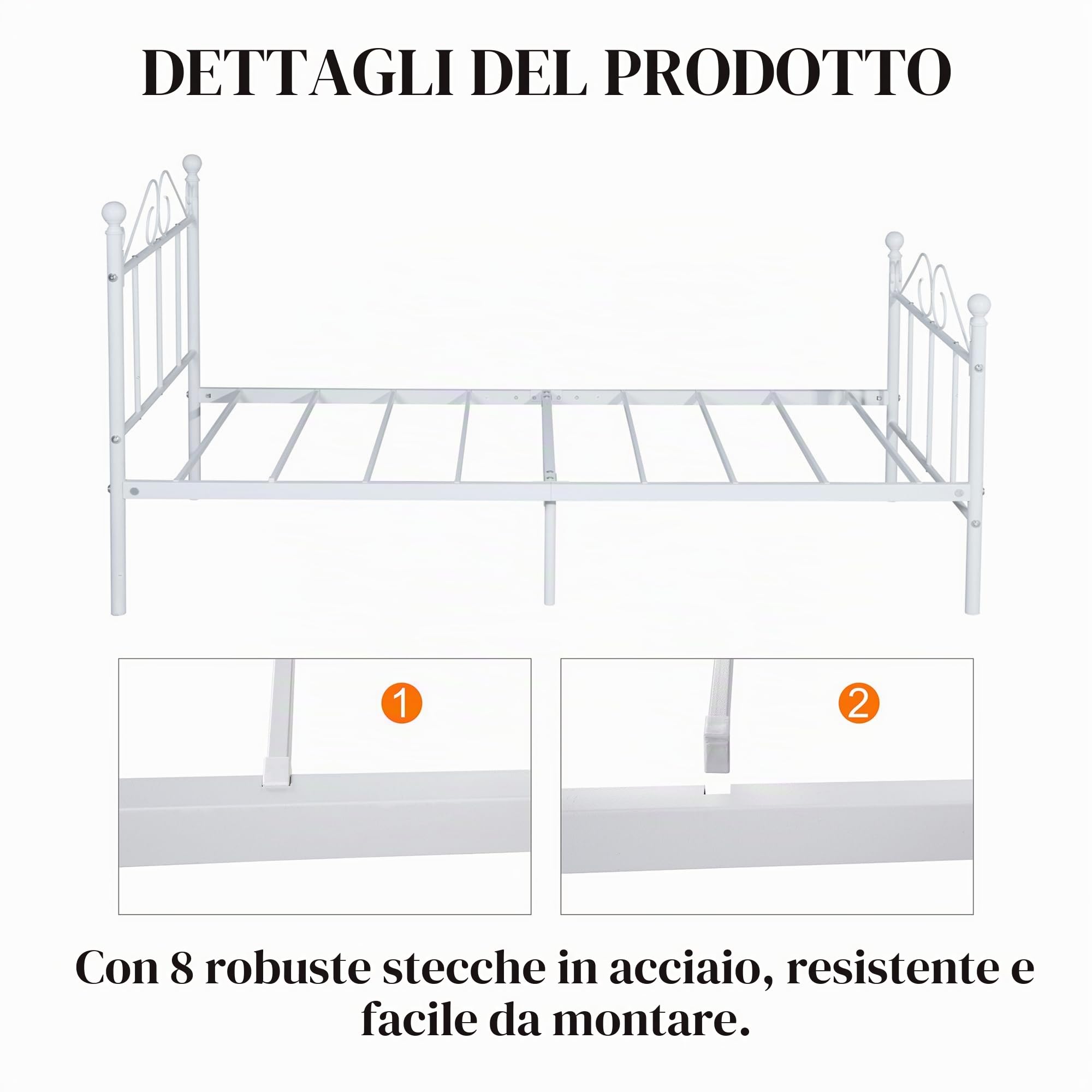 Letto Giroletto Singolo 90x190, Struttura Letto in Ferro Battuto Singolo per Materasso 90x190 cm,Letti Facile da Montare Adatto per Camera/Gli Ospiti/Bambini/Ragazzi/Anziani/Bianco/stile A