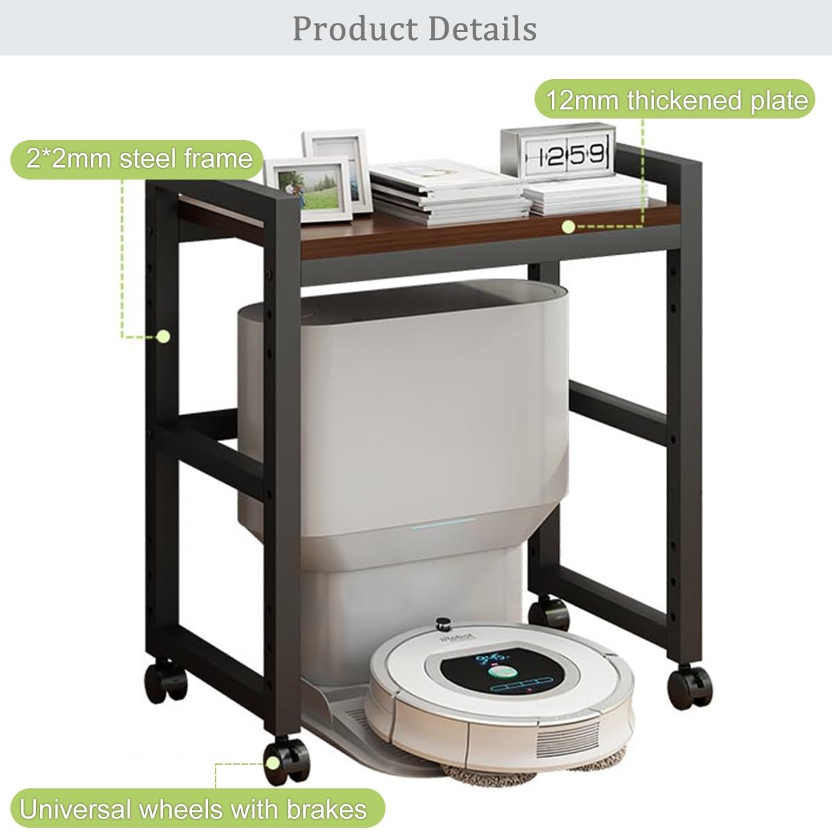 Robot Unidad de almacenamiento al vacío con estante rodante de madera para mesa auxiliar de acuario, muebles para el hogar u oficina, color negro y marrón, 50 x 35 cm
