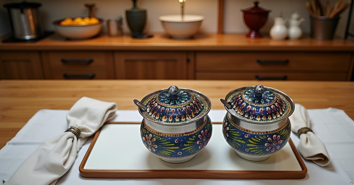 Stainless Steel Decorated Bowl with lid and Spoon for Tea and Sugar Storage Bowl (Blue, Pack of 2)