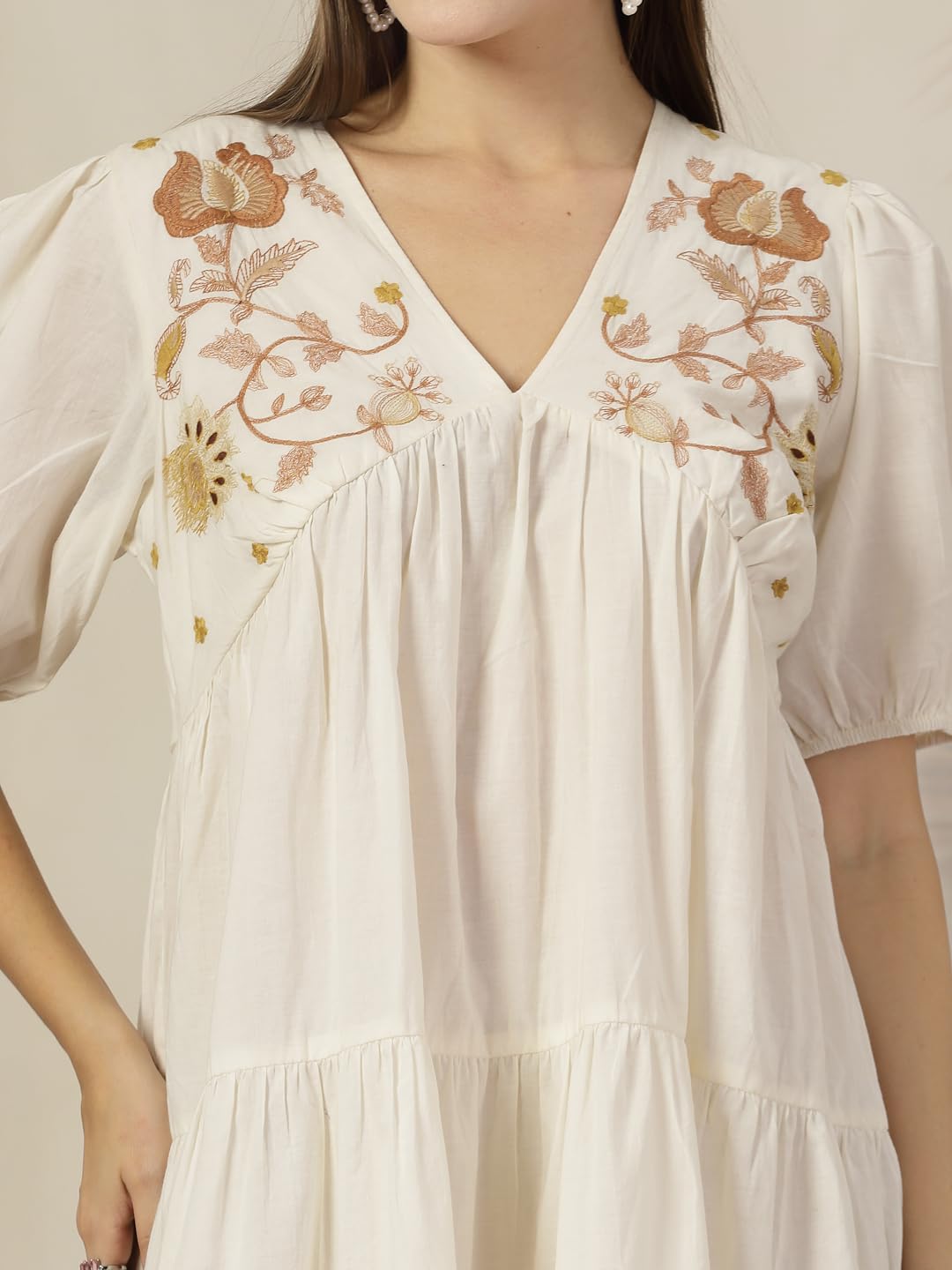 Stylum Women's Cream Solid & Embroidered Cotton Flared Dress (Drscreamlimbo36_Off White, S)