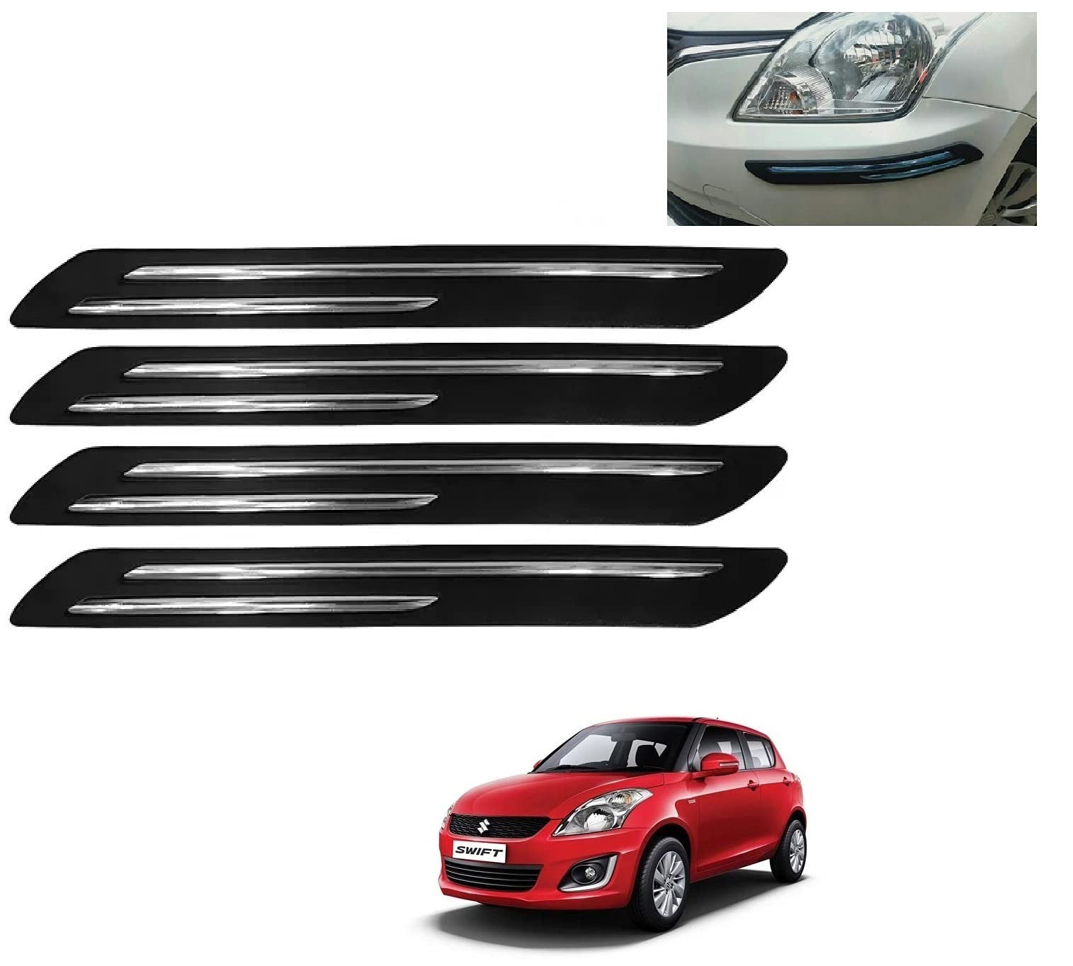 Auto Addict Bumper Protector Car Rubber Guard with Double Chrome Strip 4Pcs (Black) for Maruti Suzuki Swift Type-2 (2011-2017)