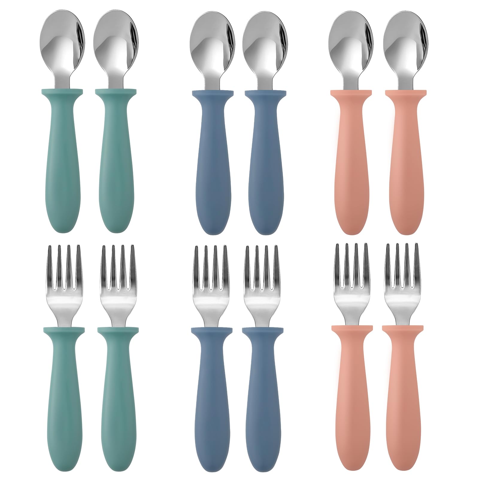 Toddler Flatware Sets 12 Piece Dark Kids Forks and Spoons Stainless Steel Utensils with Easy Grip Handles for Self Feeding Baby Children Boys Girls
