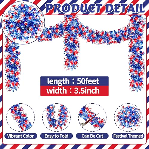 Image of 50FT 4th of July Patriotic Tinsel Garland, Glitter Tinsel Garlands with Mixed Color Star, Metallic Holiday Hanging Streamers for Memorial Day Independence Day Indoor Outdoor Party Decor