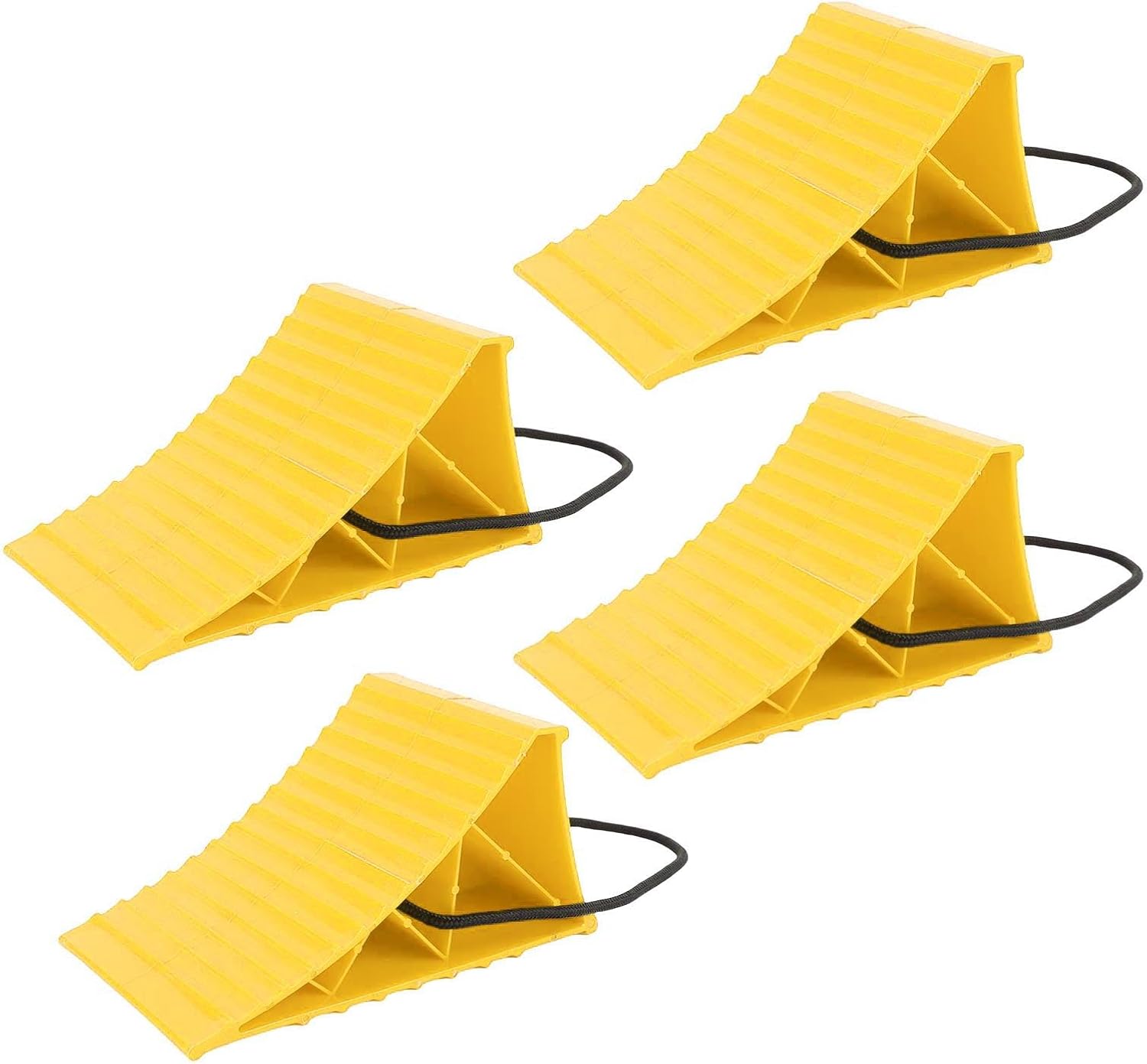 4PCS Heavy Duty Wheel Chocks with Rope Anti Slip High Stability Hard Plastic Tire Chock Block Stopper for RV (Yellow)