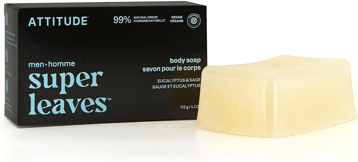 ATTITUDE Bar Soap Body Wash for Men, Made in Canada, For Body and Hands, 99% Natural Origin Ingredients with Avocado Oil, EWG Verified, Eucalyptus & Sage, 113 g