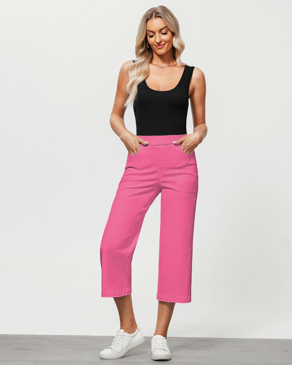 GRAPENT Capri Jeans for Women Wide Leg High Waisted Effortless Flow Pull On Stretchy Denim Elastic Waist Pants with Pockets - Image 4