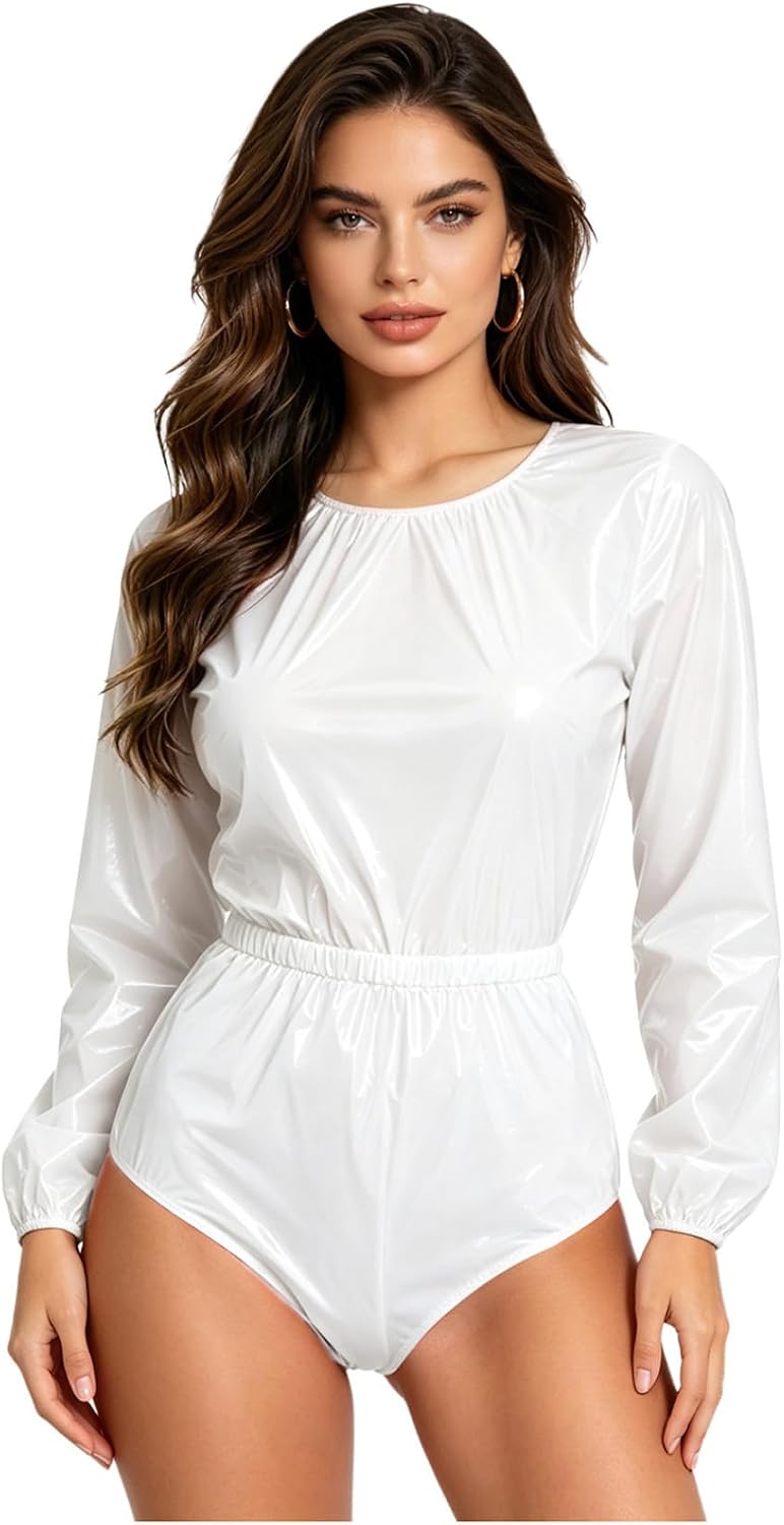 Vxuxlje Women Long Sleeve Incontinence Leotard Diaper Coveralls Buttoned Crotch Crew Neck Jumpsuit