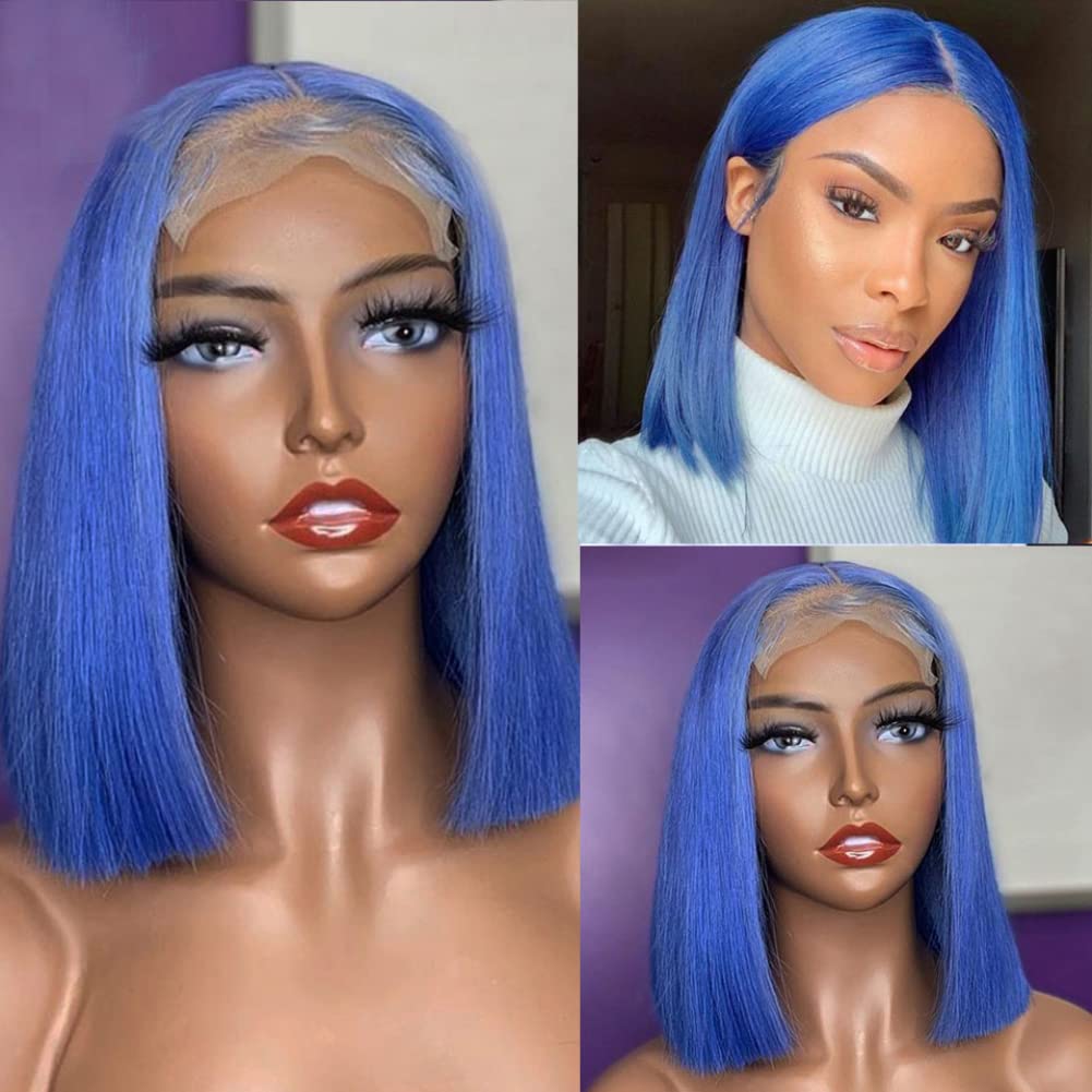 12” SHORT BLUE BOB HUMAN HAIR STRAIGHT LACE-FRONT Amazon.com : Anlimer Pre Plucked Bob Wigs Blue 180% Density  main image 3