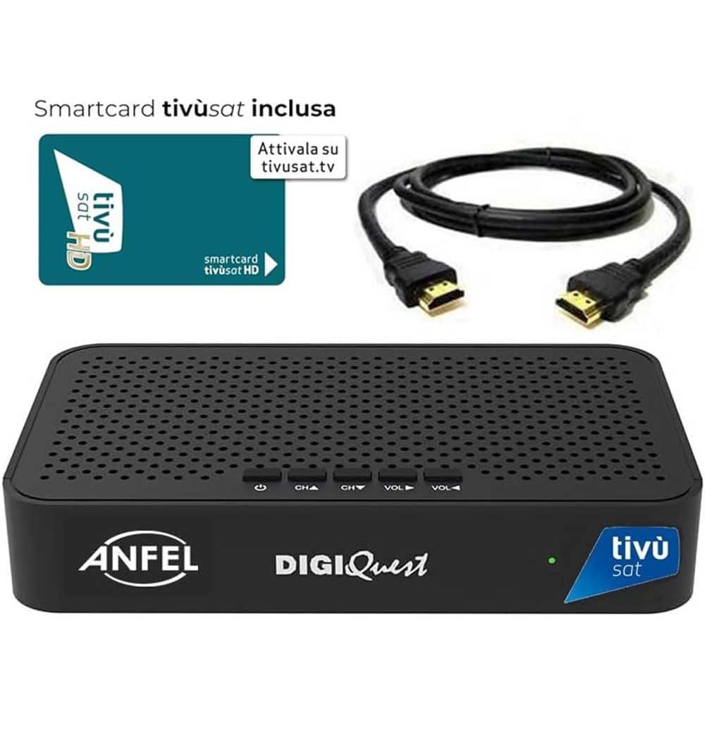 Decoder Satellitare FULL HD con tessera Tivu Sat CERTIFICATO UFFICIALE CON TESSERA Tivù SAT INCLUSA, DVB-S2 HEVC H265 MAIN 10,Telecomando Universale 2 in 1 per il ricevitore e la TV