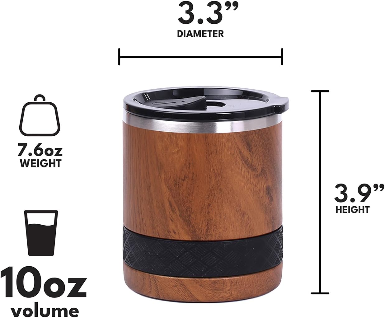 Elemental Recess Lowball Tumbler, 10oz Triple Wall Stainless Steel Cup with Non-Shattered Tritan Lid, Insulated Whiskey Glass, Insulated Coffee Tumbler Mug for Hot & Cold Drinks - Teak Wood - Image 4