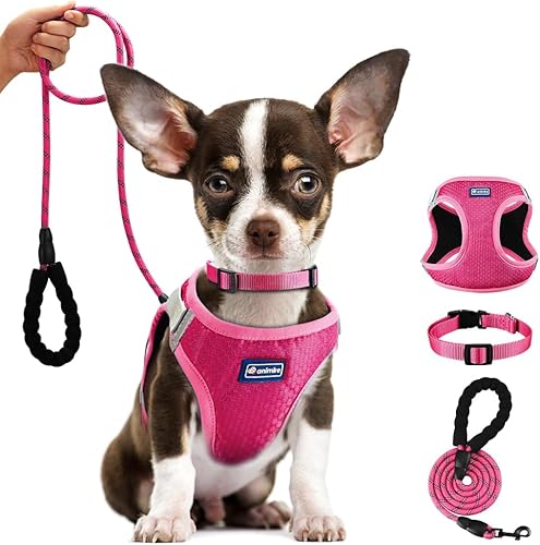 Juego de arnés y correa para perro, arnés transpirable con collar, chalecos reflectantes para mascotas para perros pequeños y medianos (rosa, M)