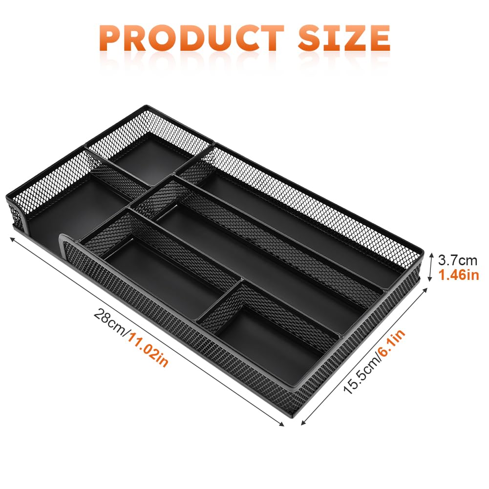 Desk Drawer Organizer Tray,11.02 x 6.1 x 1.46inch 6 Compartments Metal Mesh Dividers,Desk Organizers Storage Tray for Pens Organizer,for Desk Drawer Tray Box Accessories