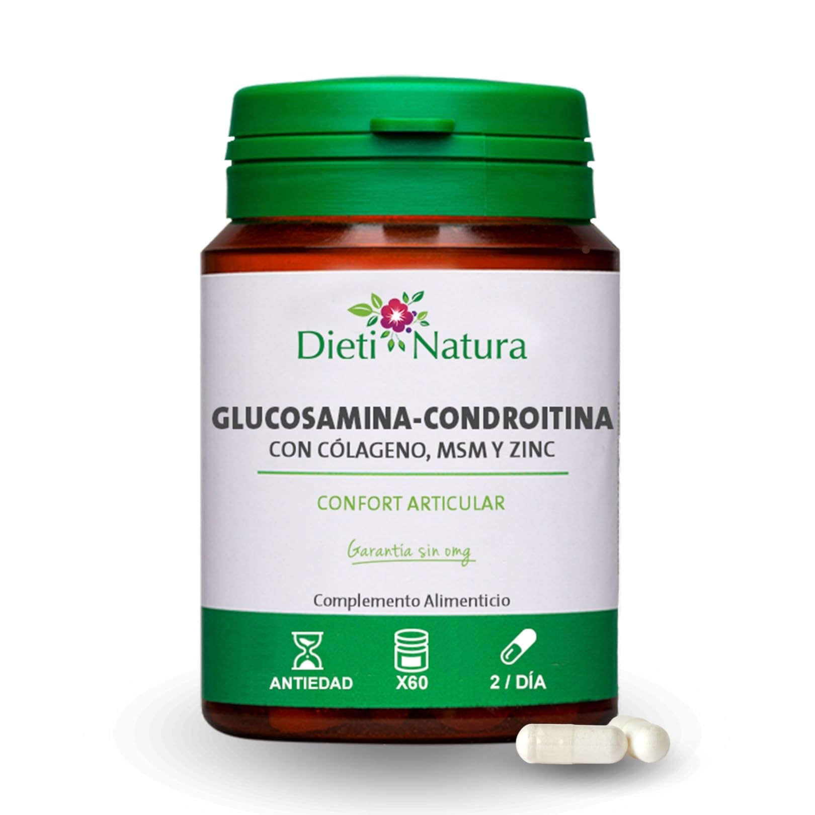 Dieti Natura Cápsulas de Glucosamina con Condroitina - Con MSM, Colágeno Marino, Zinc y Manganeso - Para la Flexibilidad y Movilidad de las articulaciones - Fabricado en Francia sin OMG (60 Cápsulas)