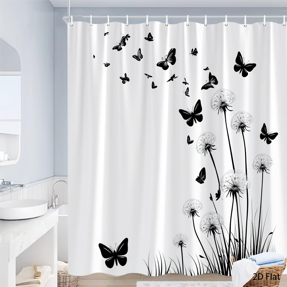 Glwdmb B-17 1 Piece 180X220cm Minimalist Dandelions And Butterflies Printed Shower Curtain With Hook, Polyester, For Windows And Walls, Bathtub, Bathroom, Machine Washable, All Season Universal