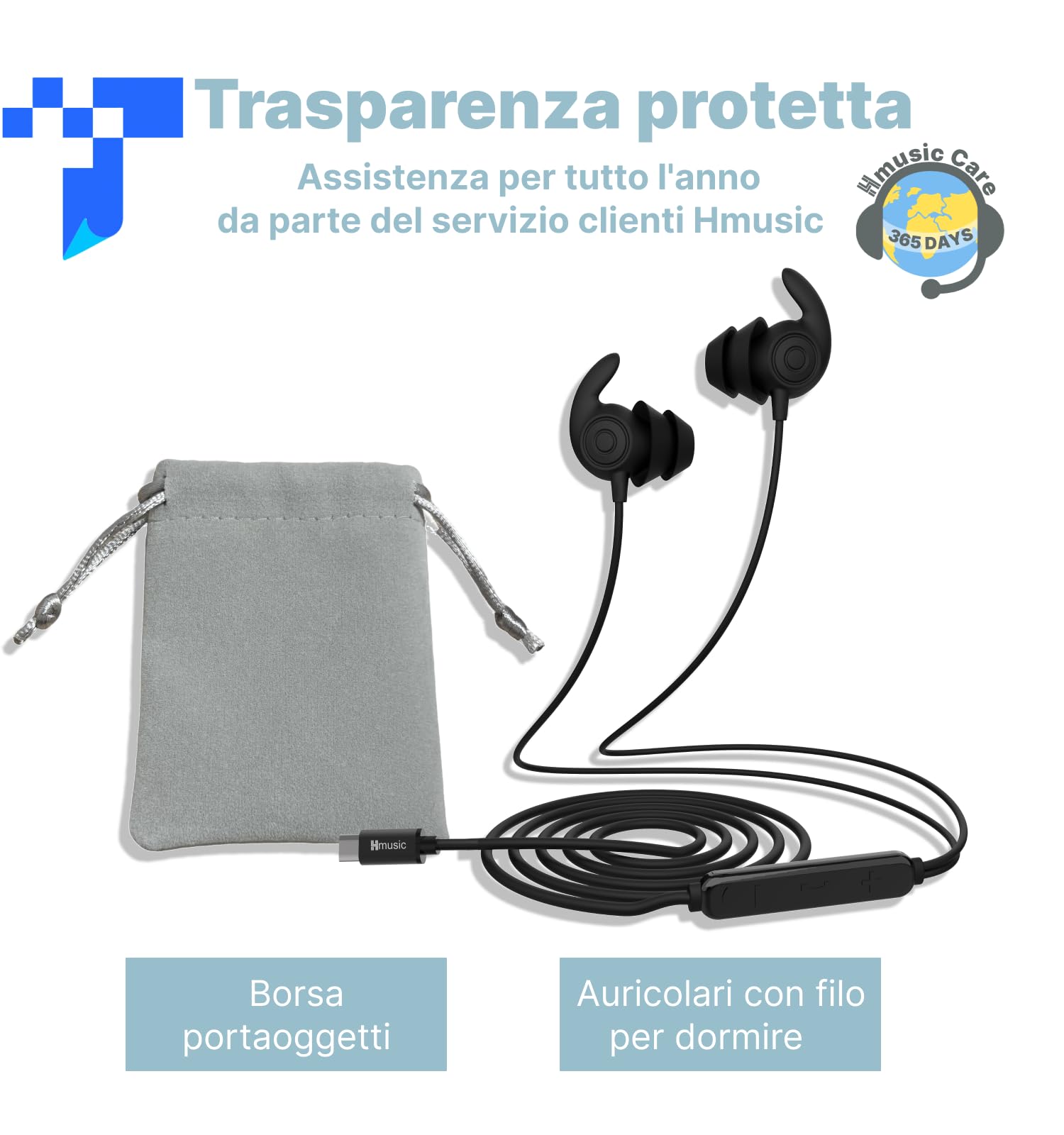 Hmusic Auricolari per Dormire, Silicone morbido e comodo, Isolamento Acustico 30 dB, Cuffie con filo USB-C e microfono, Design piatto per dormire di lato, Viaggio, Meditazione(Nero)