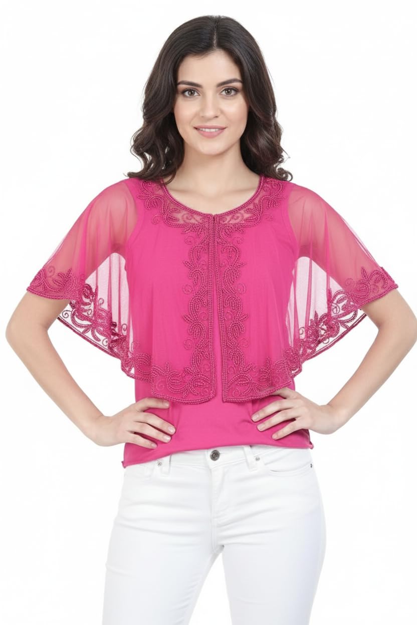 Women's Beaded Net Cape Shrug, Hot Pink Embroidered Poncho Free Size-image-16
