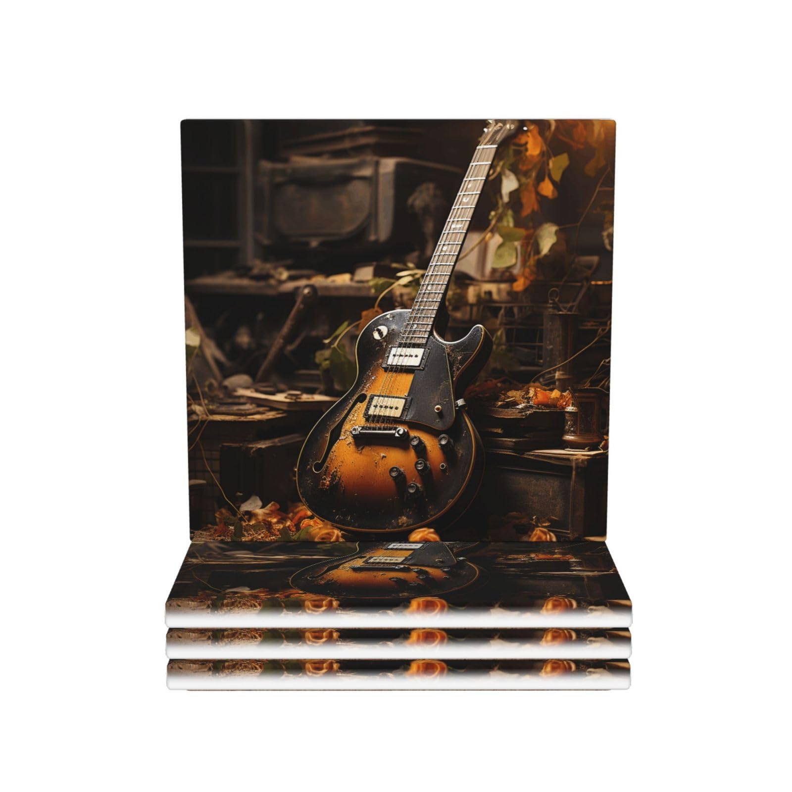 Drink Coasters Set of 4 Coffee Ceramic Coaster Guitar Coasters for Drinks Coffee Cup Mat Heat Resistant Tabletop Protection Coaster Desk Accessorie Home Decorative