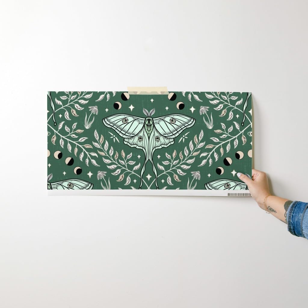 Spoonflower Peel & Stick Wallpaper Swatch - Moths Damask Moon Olive Green Large Leaves Celestial Custom Removable Wallpaper