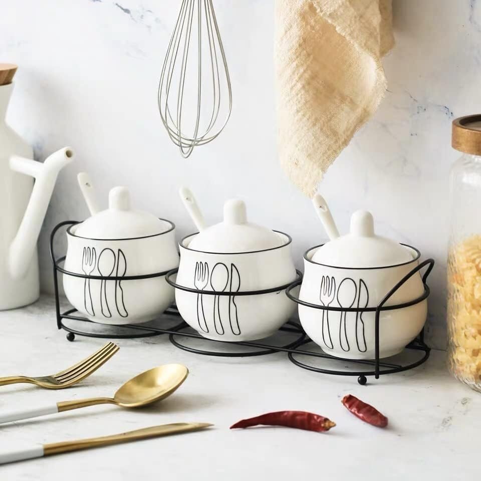 Dozownik przypraw Pojemnik na przyprawy, pudełko na przyprawy, pudełko na przyprawy Zestaw ceramicznych zbiorników na sól i pieprz Słoiki na przyprawy Słoiki na przyprawy Żelazny uchwyt Łyżka na przyp