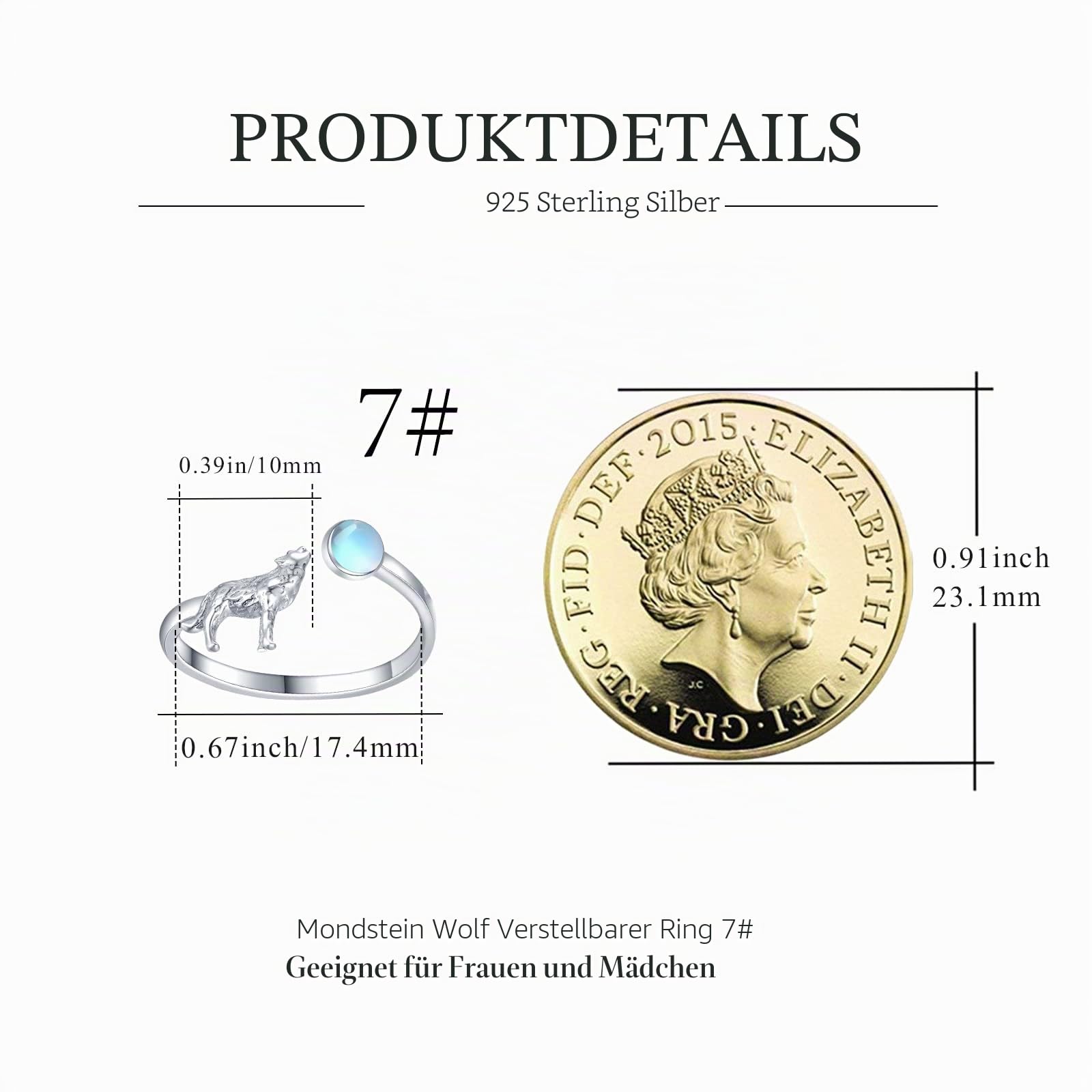Wolfs Ringe 925 Sterling Silber Mondstein Ringe Verstellbar Ring Geschenk Weihnachts Schmuck für Damen