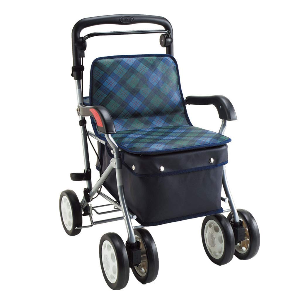 Andador Plegable con Ruedas, Carrito de Compras práctico, Andador Plegable para Ancianos con Ruedas, Asiento y Freno de Mano, Equipado con Cesta de Almacenamiento y reposabrazos,