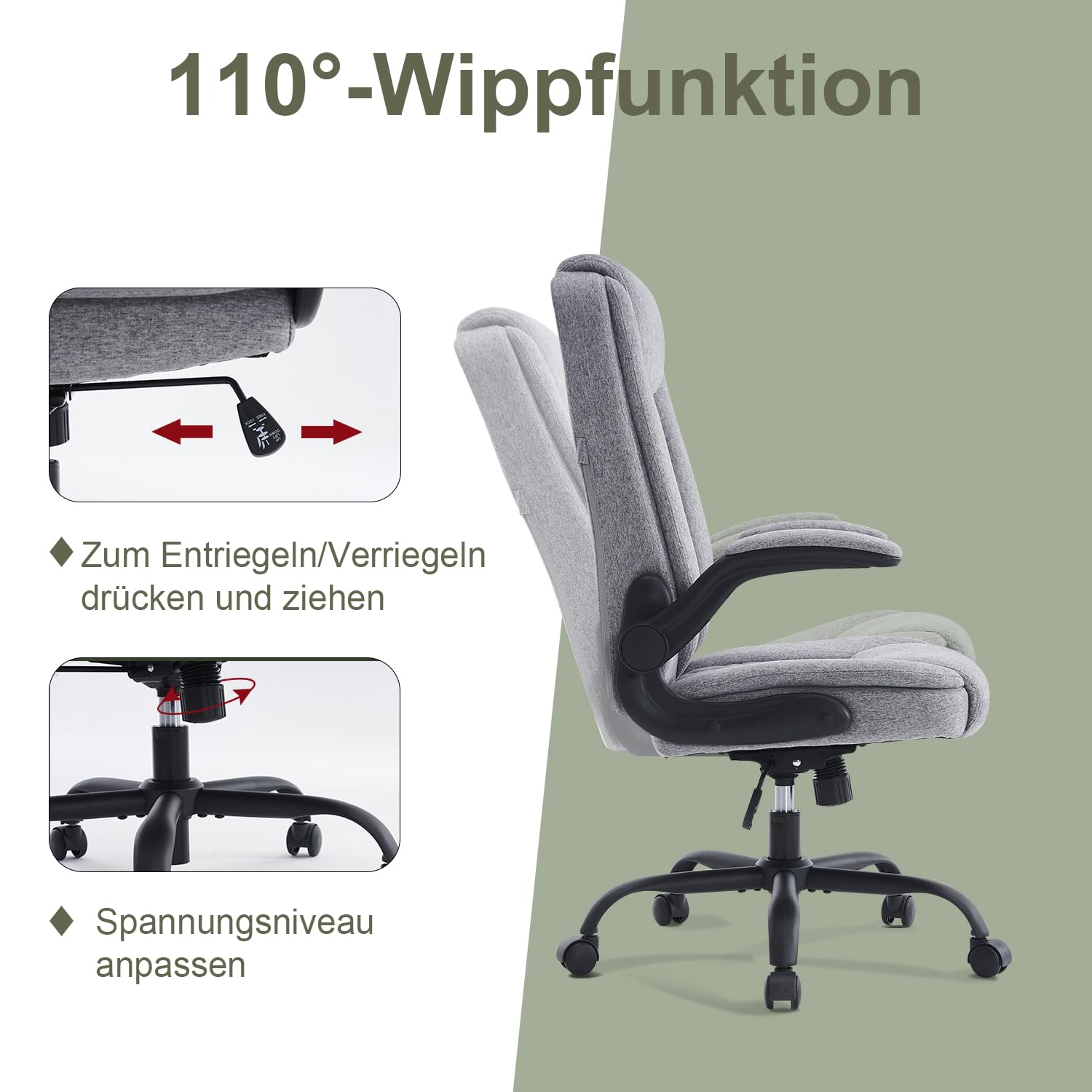 CASTLOVE Bürostuhl Ergonomisch Schreibtischstuhl Chefsessel Mit Gepolsterten Armlehnen Klappbar, Höhenverstellung, Wippfunktion und Kopfstütze Bequem für Home-Office Bürostuhl 150kg Grau Stoff