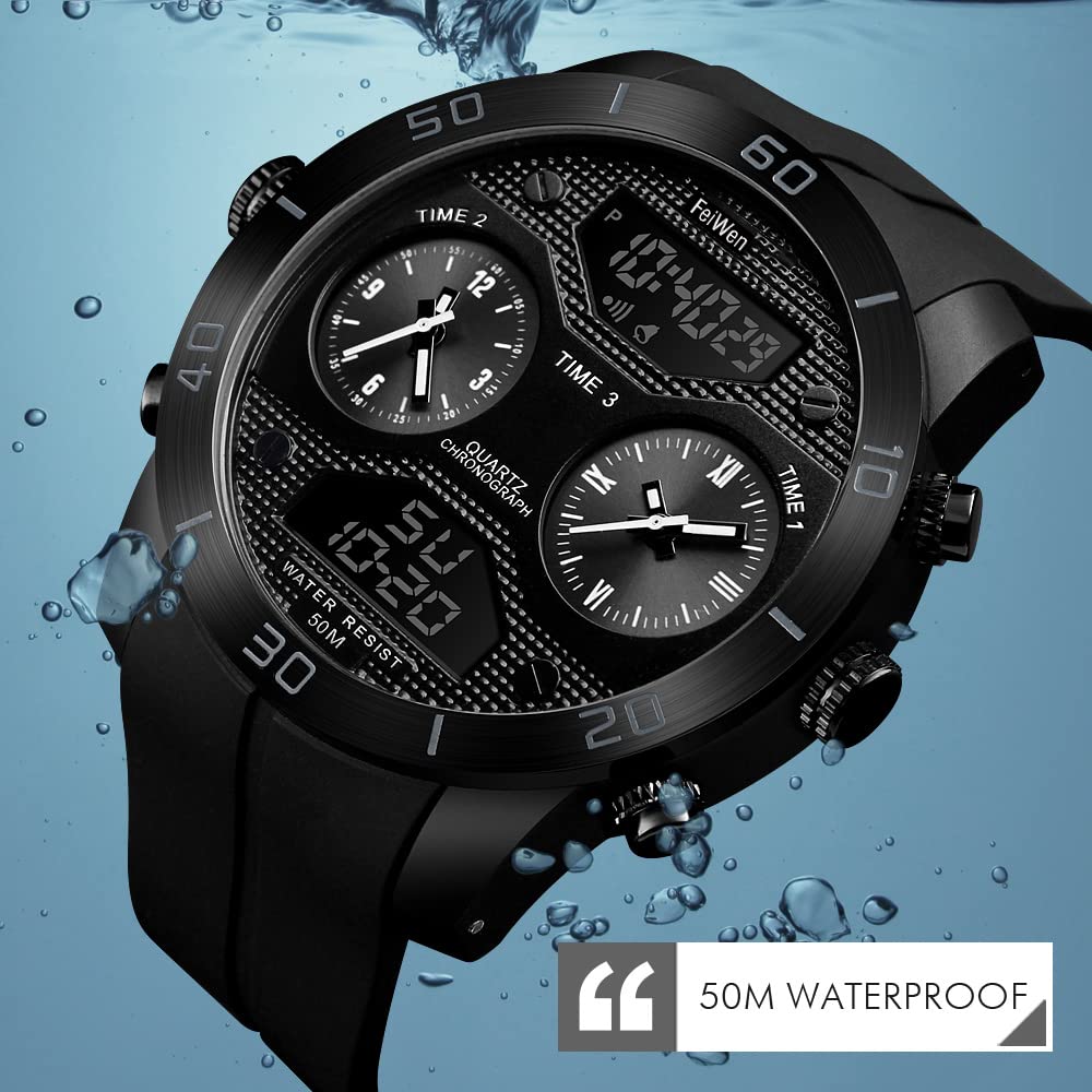 Homme Mode Analogique Quart LED Électronique Temps Trois Digital Montres Bracelet 50M Étanche Outdoor Militaires Sport Montre Chronomètre Calendrier (Noir)