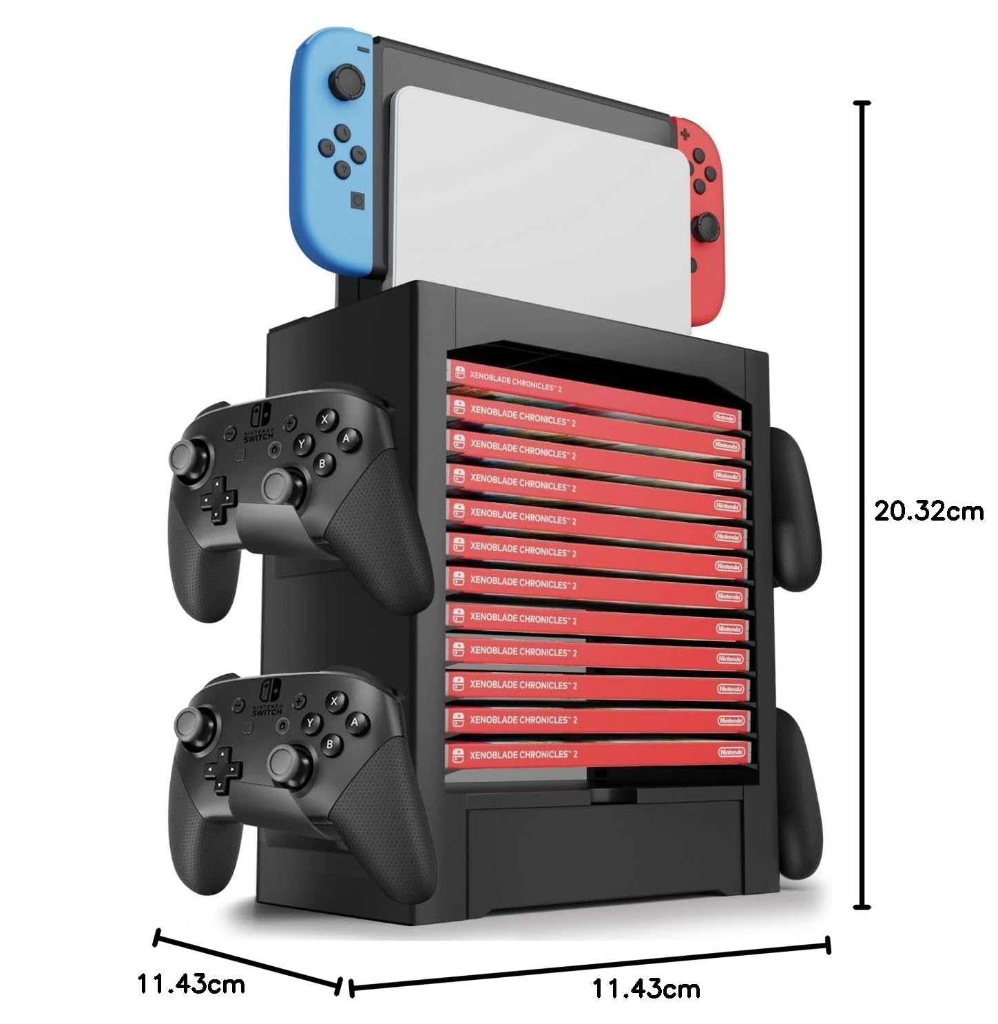 TNP Station de rangement pour Nintendo Switch OLED avec support de station d'accueil, étagère verticale pour 10 boîtiers de jeu, 4 contrôleurs, tiroir Joy-Con, noir