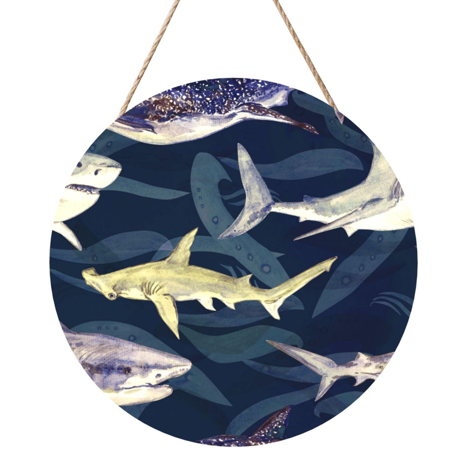 InOmak Shark Whale Marine Life, Round Wood Panel Painting 12 in, Wall Hanging Painting For Home