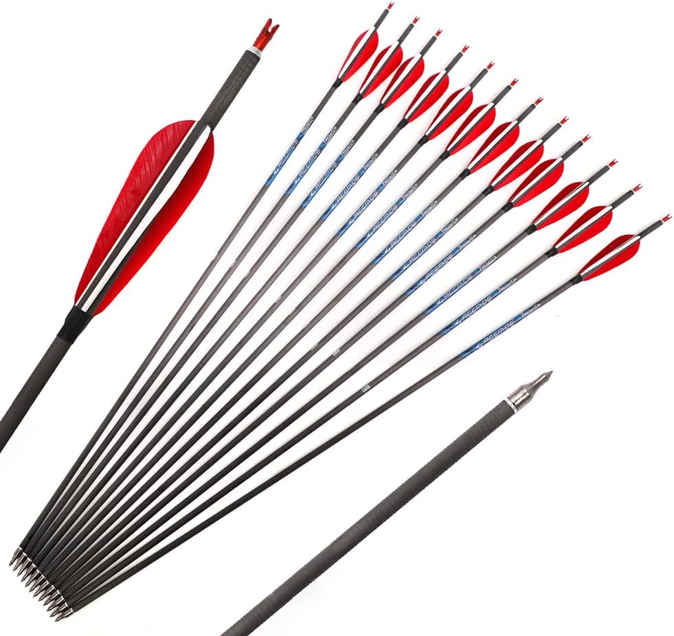 ACCMOS Spine 250 300 340 400 500 600 700 800 Hunting Arrow 4 inch Turkey Feather Pure Carbon Arrow ID 6.2 mm Length 23-32 inch Archery Arrow 12 pcs