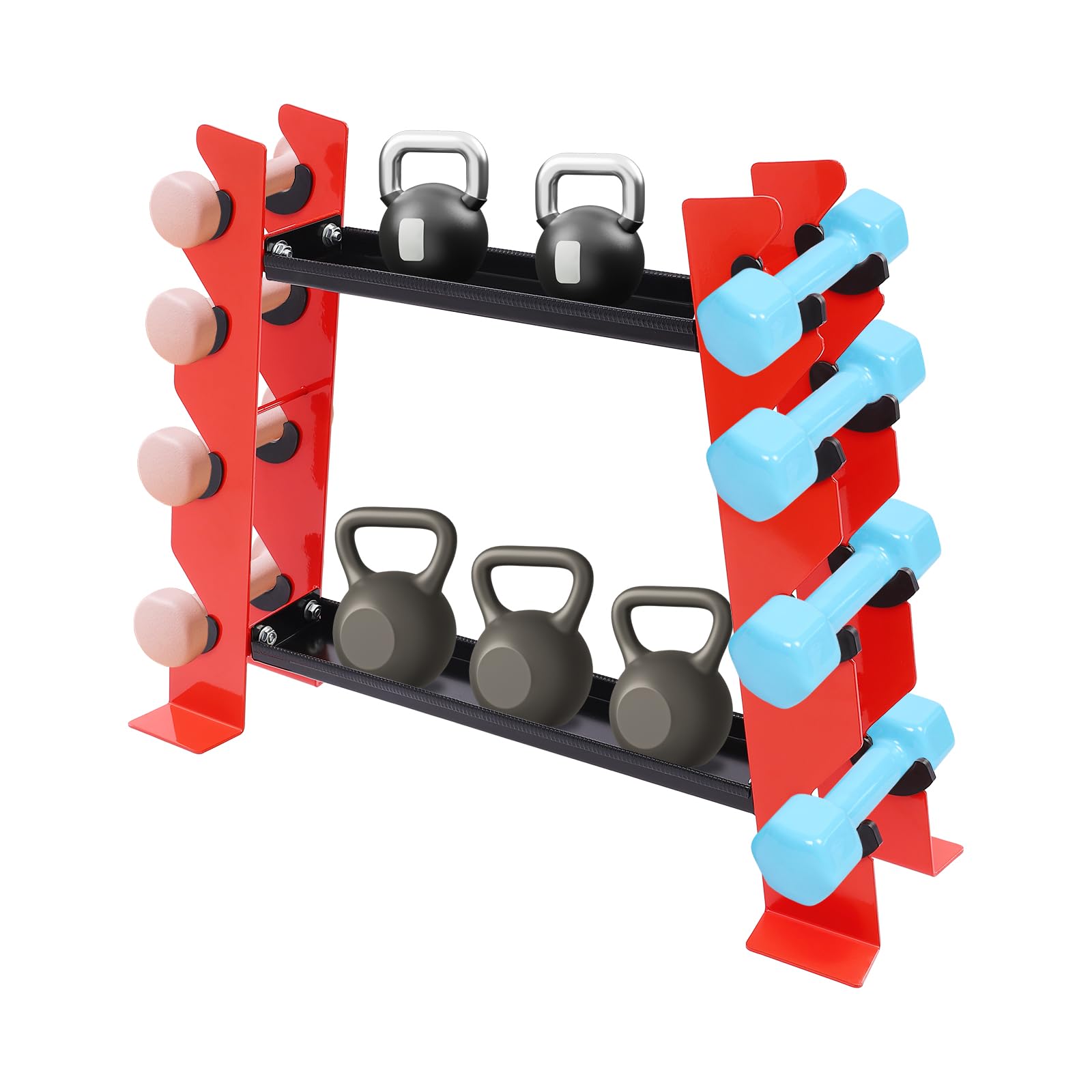 Supporto multifunzione per manubri, robusto supporto per manubri con 8 ripiani laterali + 2 ripiani centrali, portata 150 kg, anelli di protezione in gomma e design salvaspazio per casa, palestra