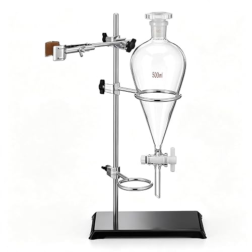Tellegloww 500 ml Heavy Wall Glass Conical Separating Funnel with 24/29 Fitting and PTFE Stopcock and Laboratory Distillation Support Rack for Titration Extraction, Laboratory Projects (Black Base)