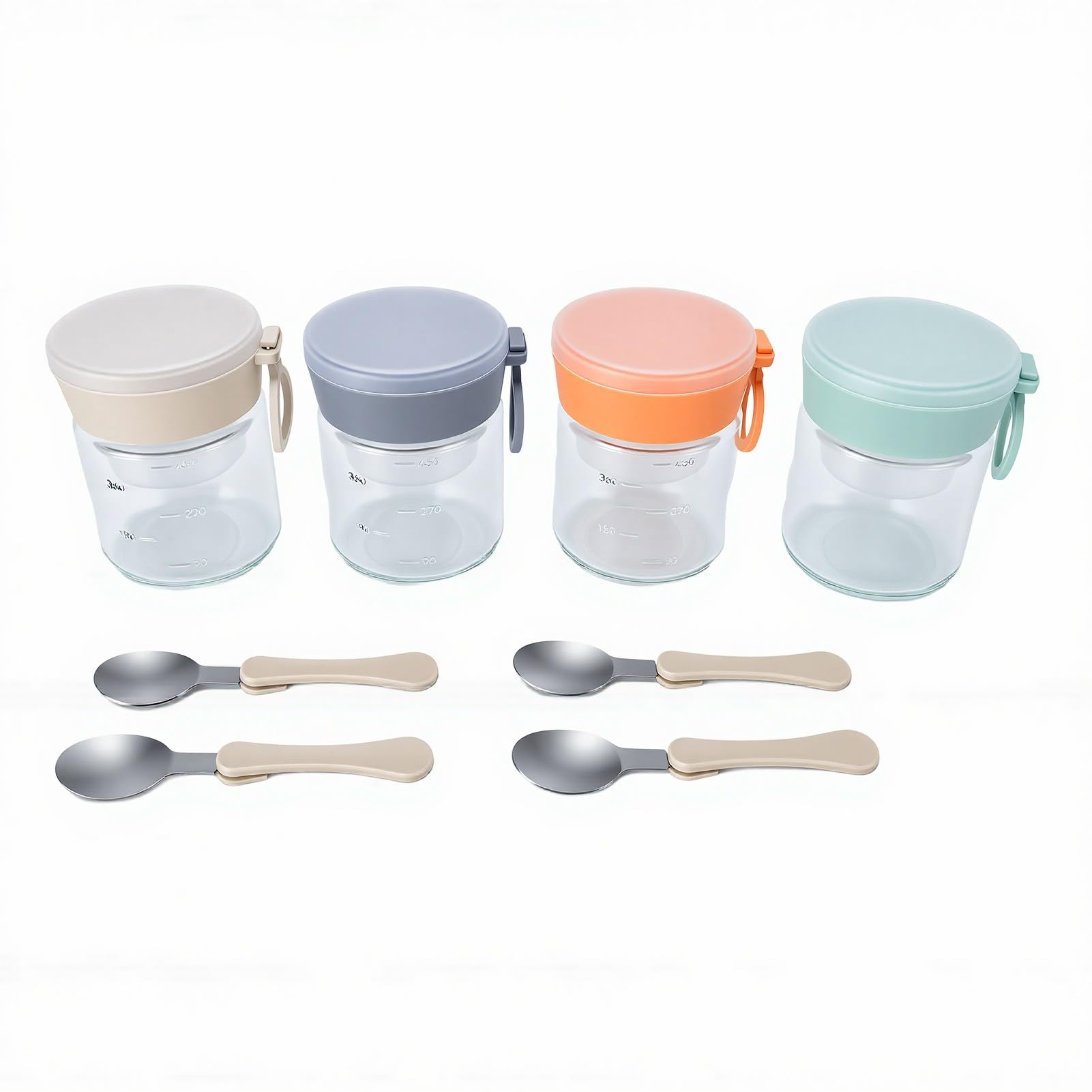 4er-Set Vorratsgläser mit Klapplöffeln und Unterteilten Kammern, Luftdichte Glasbehälter für Joghurt, Salat, Snacks und (16oz/480ml)