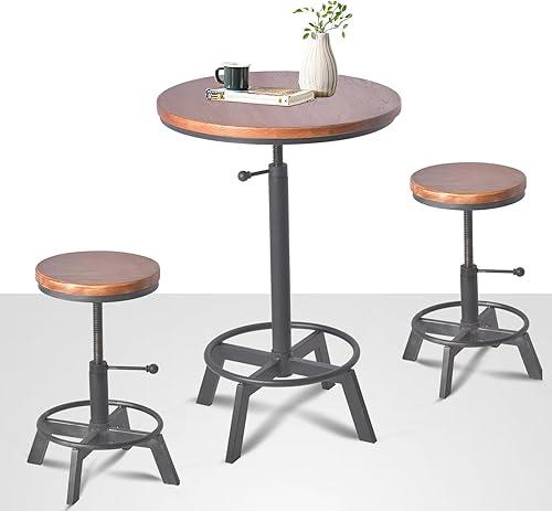Juego de mesa y sillas de bar industriales, 3 piezas, mesa de pub vintage con taburetes, parte superior giratoria de madera, altura ajustable para