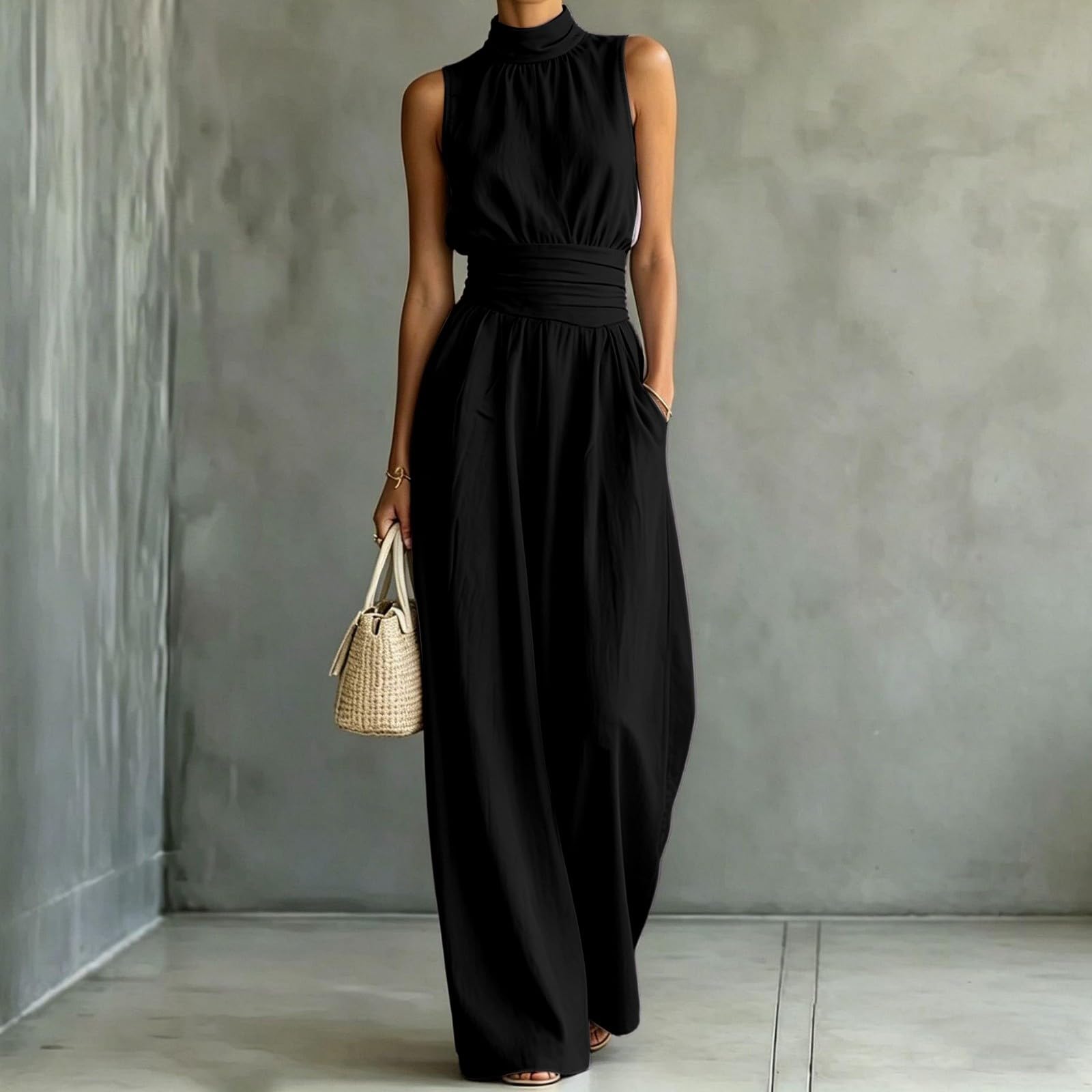 Mono Verano Mujer,Mono Sin Mangas De Cuello Alto Y Pierna Ancha Estilo Casual De Verano PantalóN Largo Fluido Color Liso