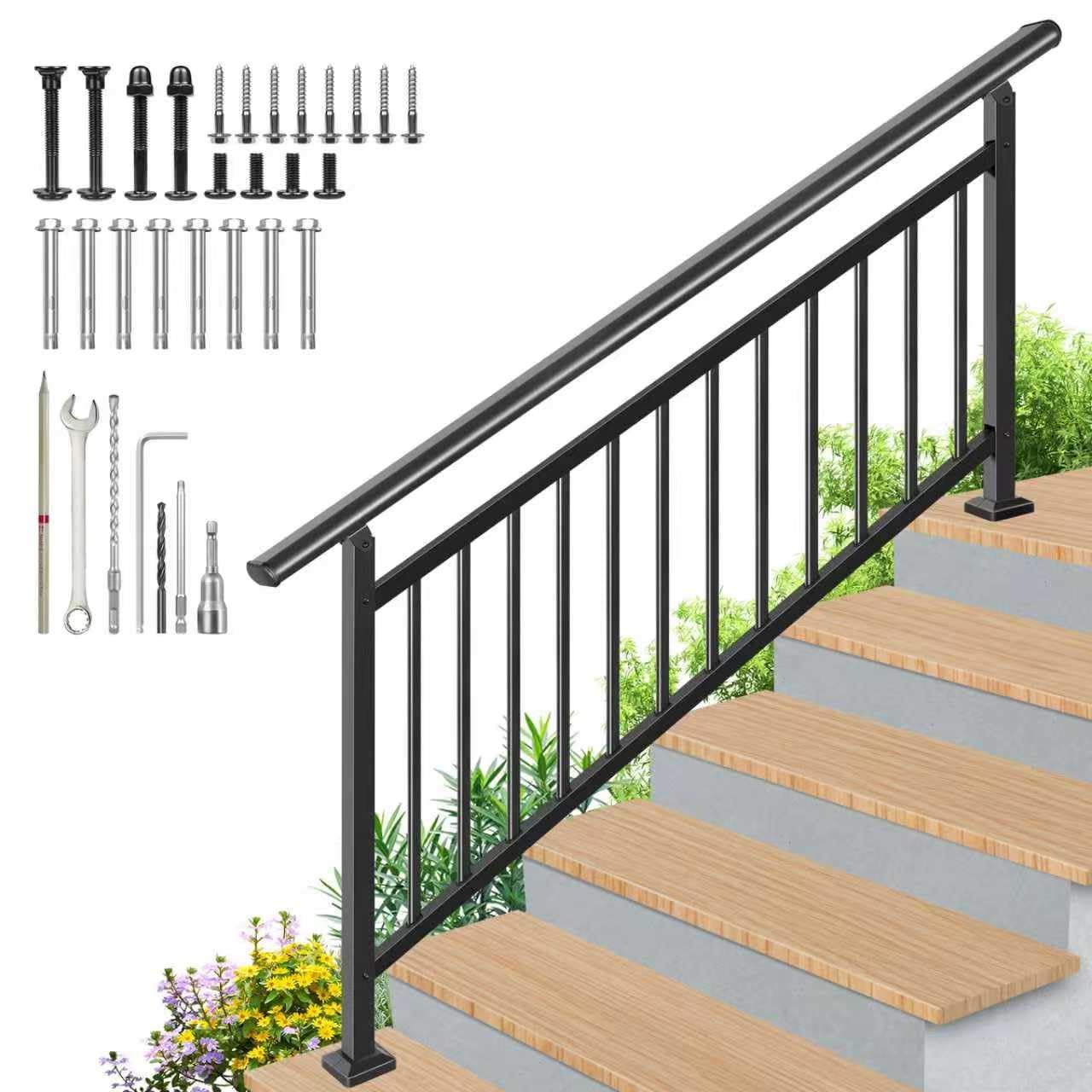 Upgrade 2 in 1 Stair Handrail&Horizontal Railing, Adjustable 6 Step Stair Railing Kit, Black Wrought Iron Handrails for Outdoor Steps,Concrete,Wood, Deck and Porch Hand Rails, with Installation Kits