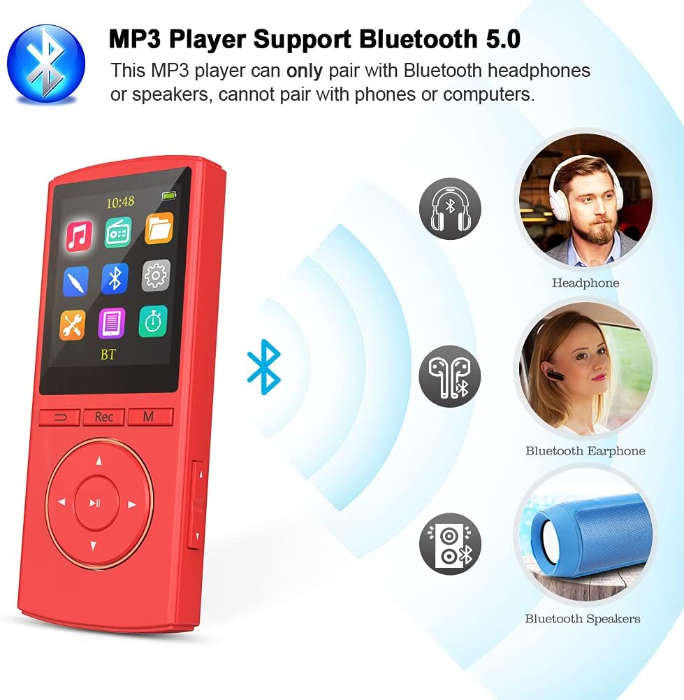 MP3 Player 64GB with Bluetooth, Digital HiFi Lossless Sound, Line in Burn Music, Voice Recorder, Sleep Timer, FM, Long Battery Life(red) - Image 4