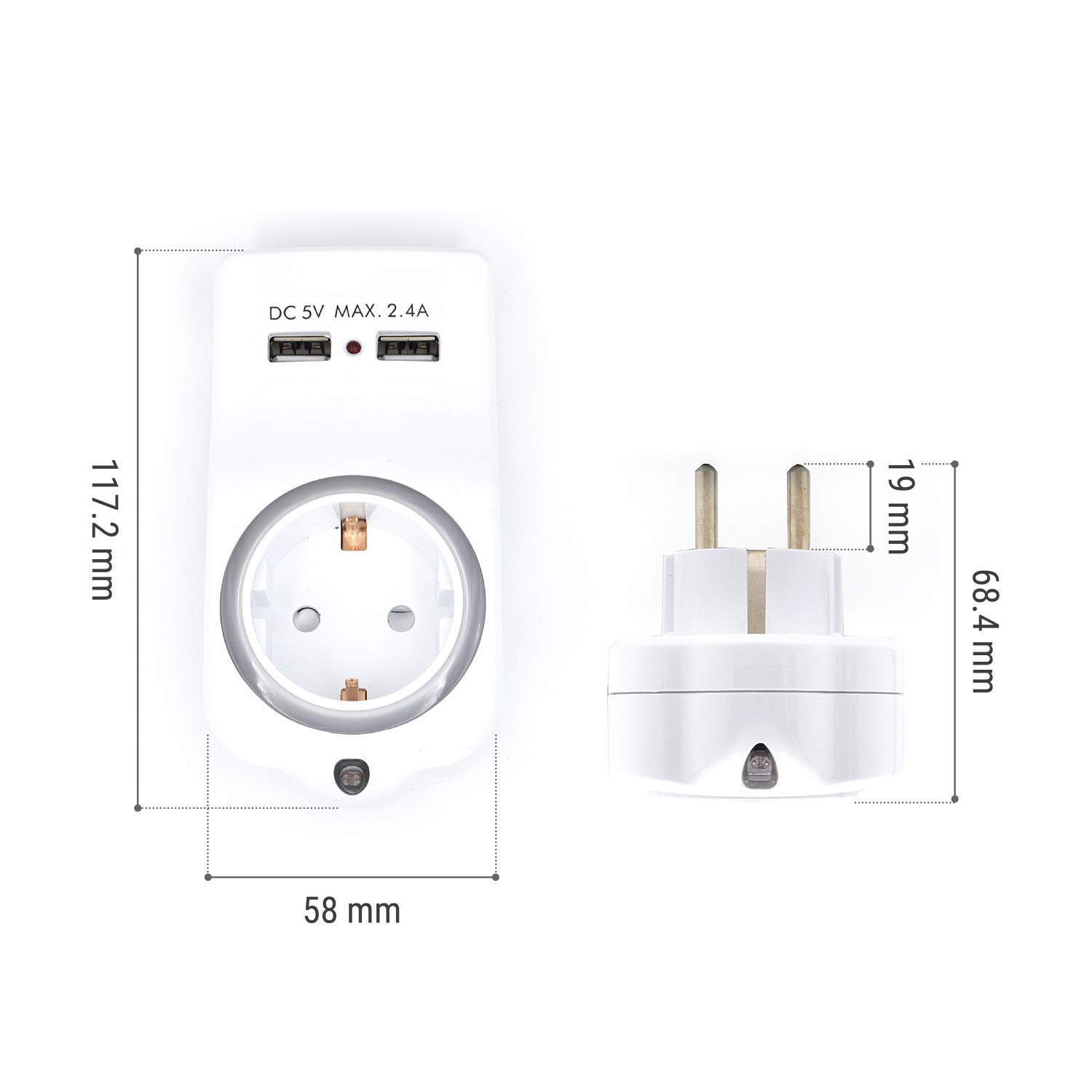 WY13030 - Adaptateur mural 1 prise Schuko 16A avec veilleuse, support pour Smartphone/ Tablette, 2 ports USB et indicateur LED Blanc