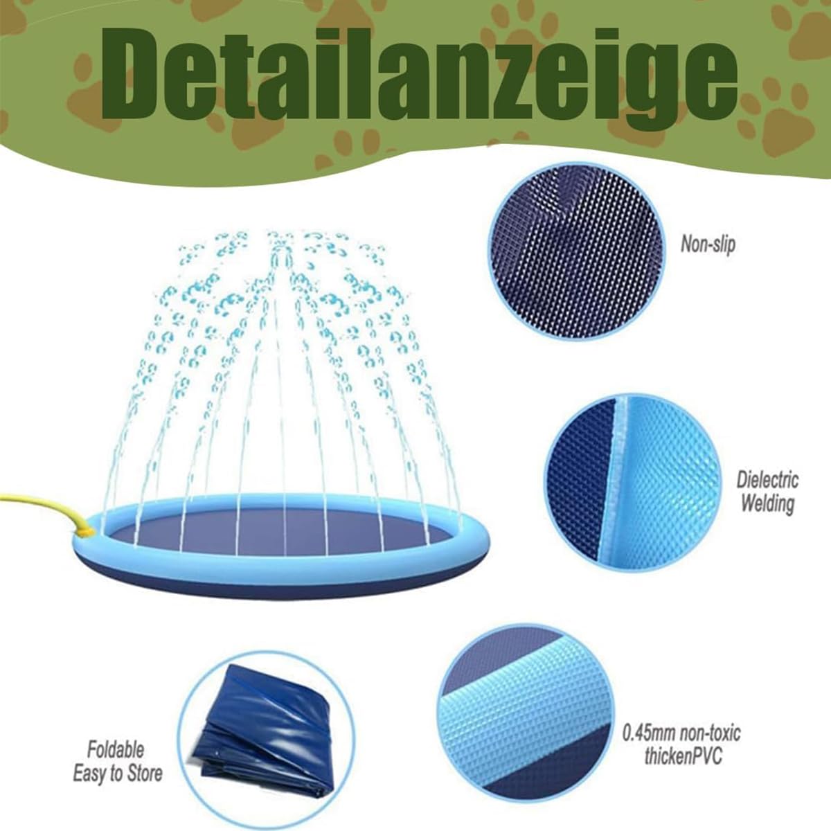 Puppery Sprinkler Wasserspielmatte Für Hunde, Wasserspielmatte Hund, Wasserspielzeug Hund, Wassermatte Hund, Verdickt rutschfest Planschbecken Hund, für Hunde und Kinder (170cm)