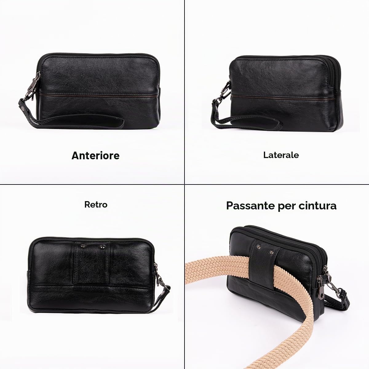 Uomo Pochette Custodia a Fondina da Cintura in Vera Pelle con Cinturino da Polso e Passante per Cintura, Piccolo Borsa Casual Portafoglio per Telefono, Marsupio Multifunzionale per Viaggio Black