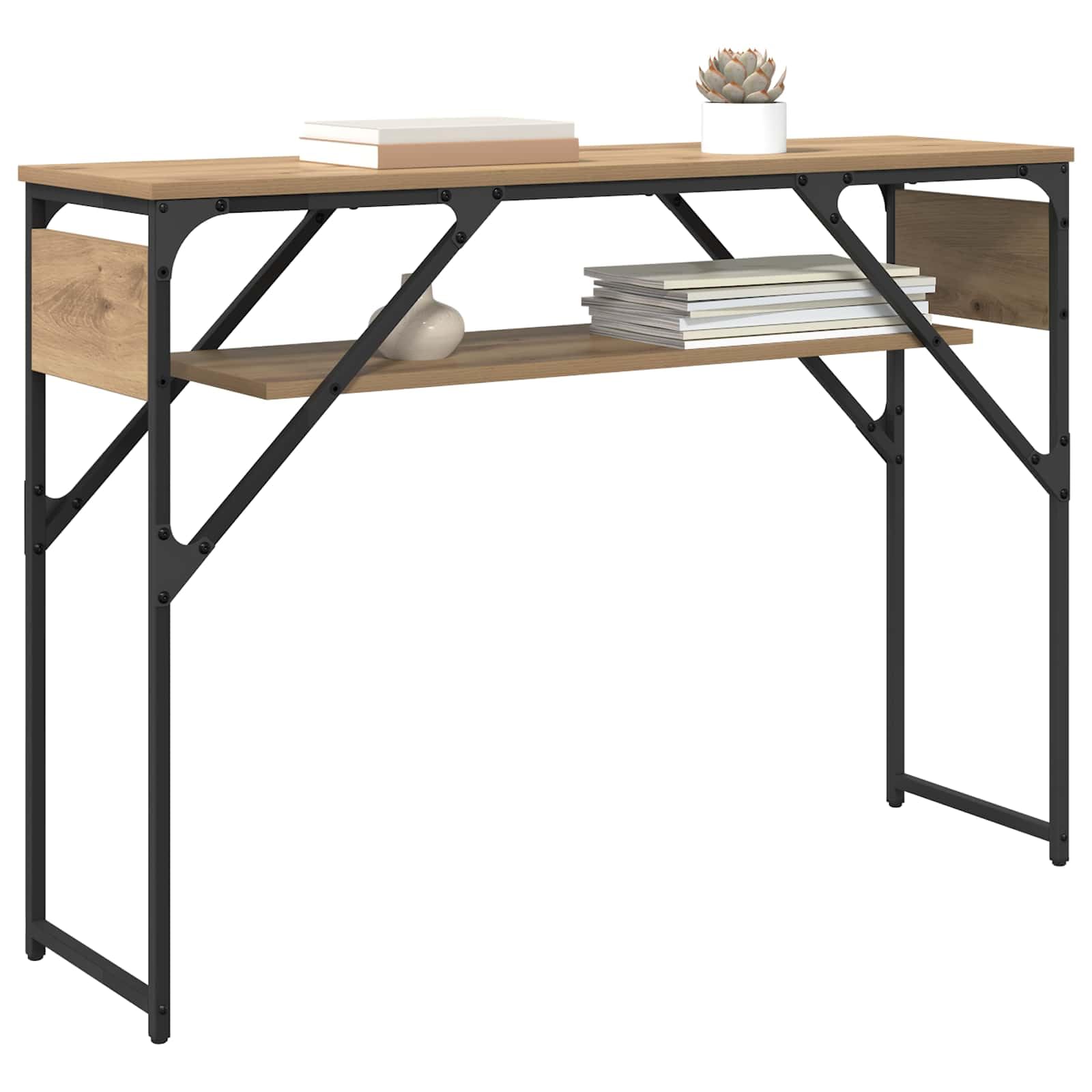 Tavolo consolle in rovere Artisan, con ripiano, 105 x 30 x 75 cm, telaio in metallo verniciato a polvere, spazio per soggiorno, casa, ufficio, studio