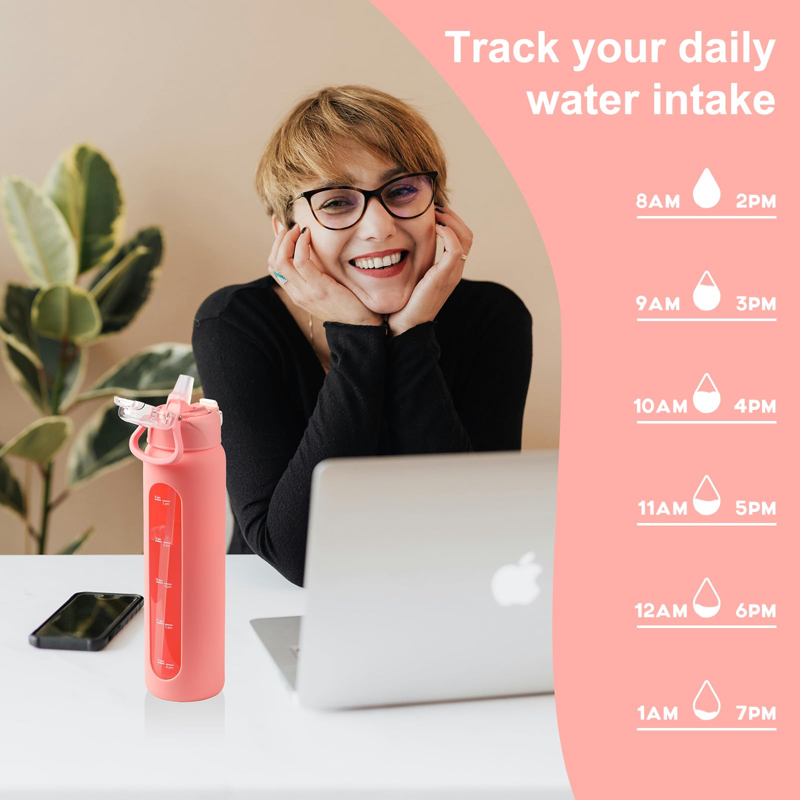 chunmo Bouteille d'eau en verre de 710 ml avec 2 couvercles, couvercle à bec verseur et couvercle à paille, bouteille d'eau motivante avec marqueur de temps et manchon en silicone, étanche, rose