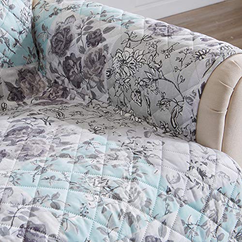 Image of Great Bay Home Reversible Floral Patchwork Recliner Furniture Protector - Machine Washable, Scalloped Edge, Stain Resistant, Printed Furniture Cover for Dogs, Kids, and Pets (Gray /Aqua)