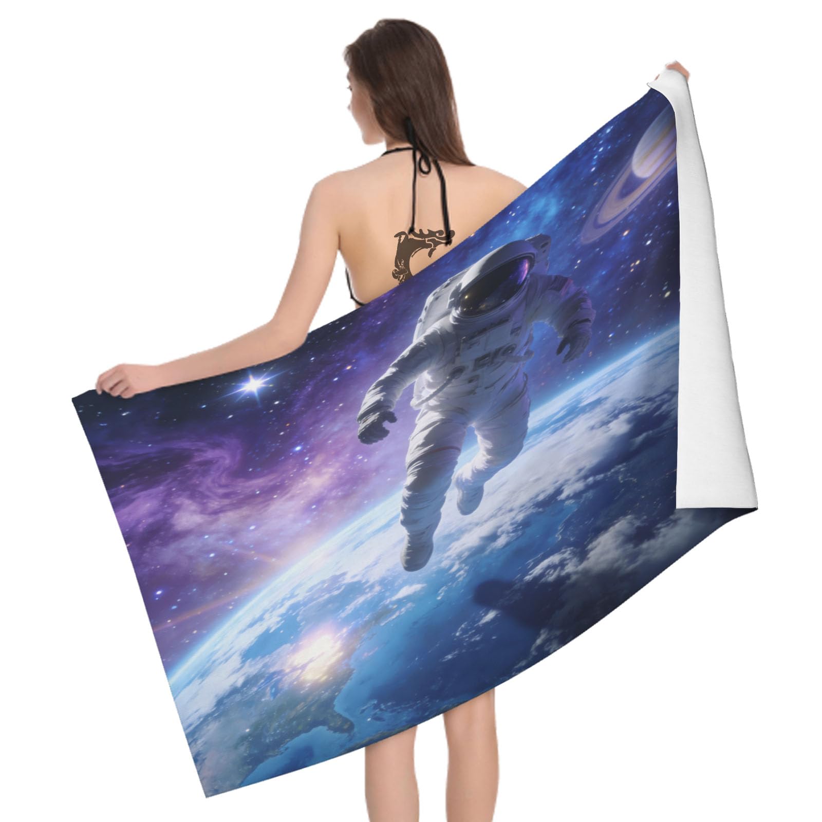 Leichong 3D Astronaut Beach Towel Large Microfiber Soft Quick Dry for Adults, Sci-Fi Style Bath Towel Lightweight Soft Absorbent for Travel Swimming Pool Sports, 80 x 160 cm
